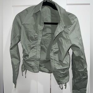 Ruched Green Cropped Button Down Shirt with Ties